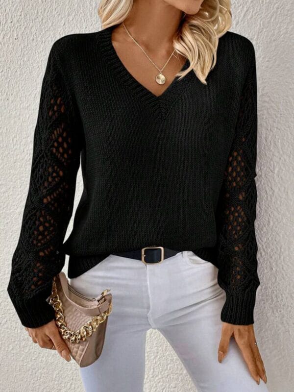 Solid V-neck Pullover Sweater With Hollow Long Sleeve Fashion Tops For Women Clothing – Image 8