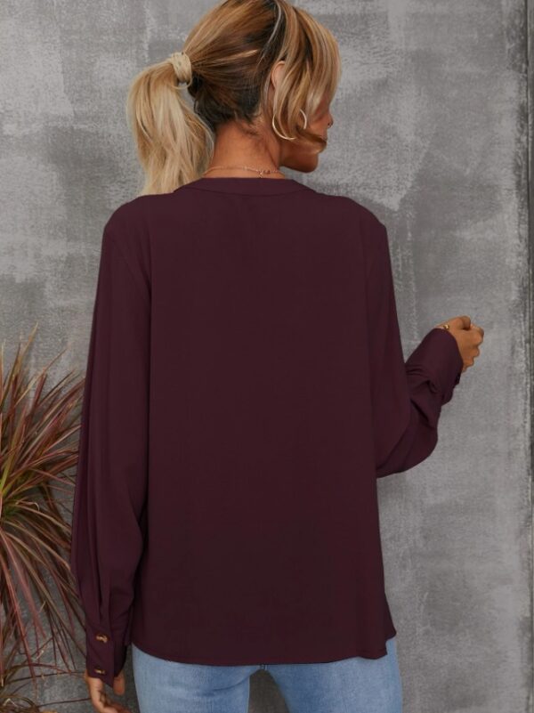 Solid Notched Buttoned Cuff Blouse,Long Sleeve Tops – Image 5
