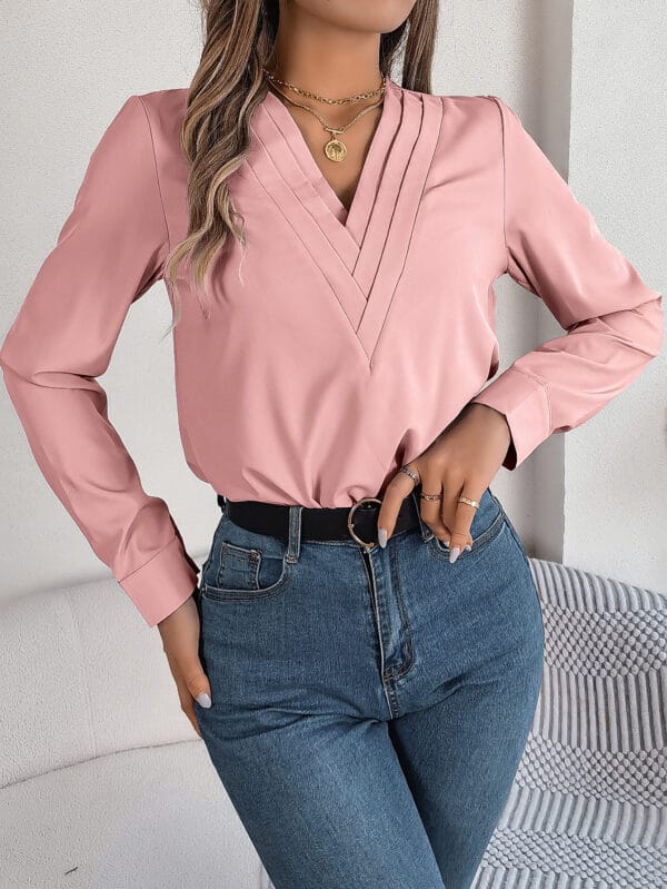 Fashion V-Neck Long Sleeve Shirt Elegant Commuter Solid Blouse Office Women's Clothing – Image 5