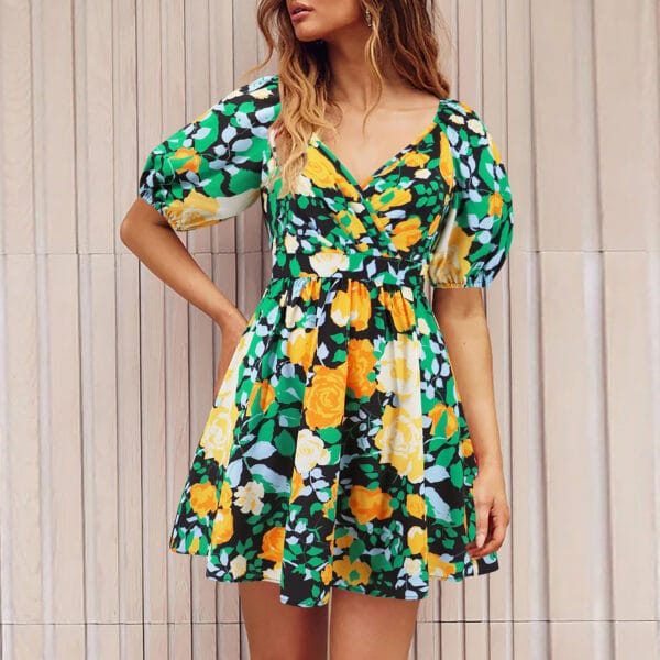 Flowers Print V-Neck Lantern-sleeve Dress Y2K Summer Vacation Beach Short Dresses Fashion Womens Clothing – Image 8