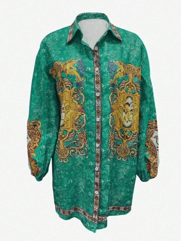Allover Print Lapel Front Button Casual Vacation Dress – Image 2
