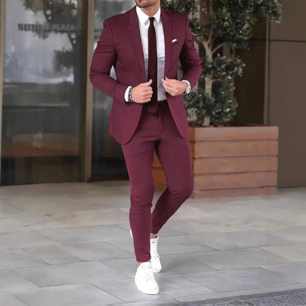 Two-piece Solid Color Slim-fit Coat Suit Pants – Image 2