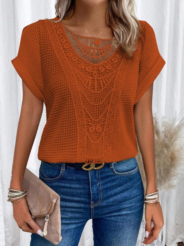 Summer Hollow Out Short-sleeved T-shirt Fashion Ethnic Style Tops Women's Clothing – Image 7