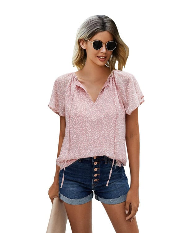Printed Lotus Leaf Sleeves V Neck Floral Blouse With Short Sleeves – Image 4