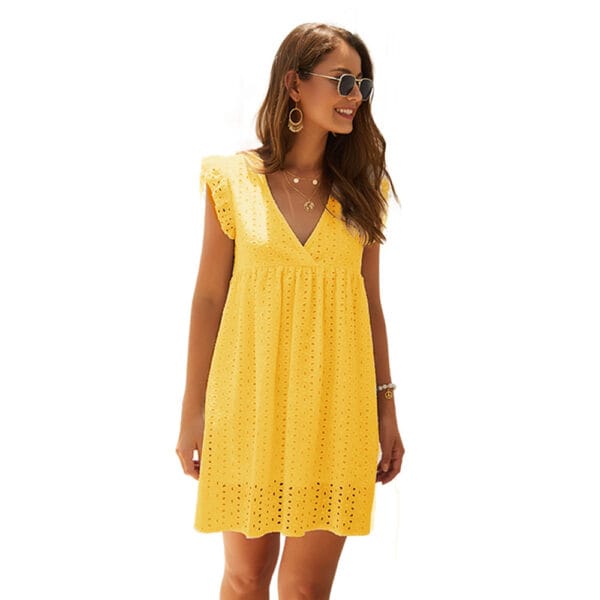 Summer V-neck Cotton Short Skirt Solid Color Dress – Image 2