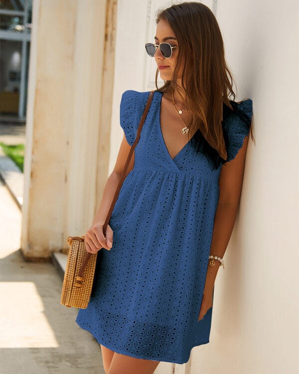 Summer V-neck Cotton Short Skirt Solid Color Dress – Image 4
