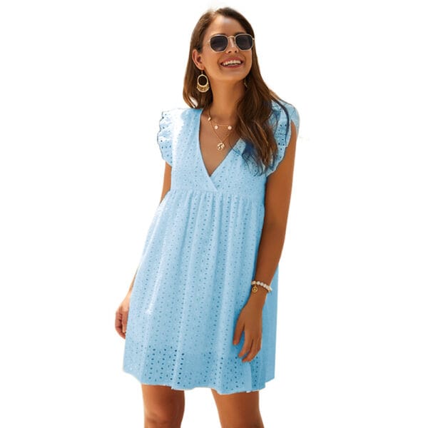 Summer V-neck Cotton Short Skirt Solid Color Dress – Image 3