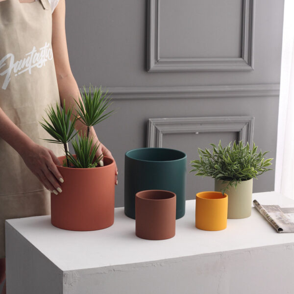 Nordic Industrial Style Colorful Ceramic Flowerpot Succulent Planter Green Plants Cylindrical Shape Flower Pot With Hole Tray – Image 3