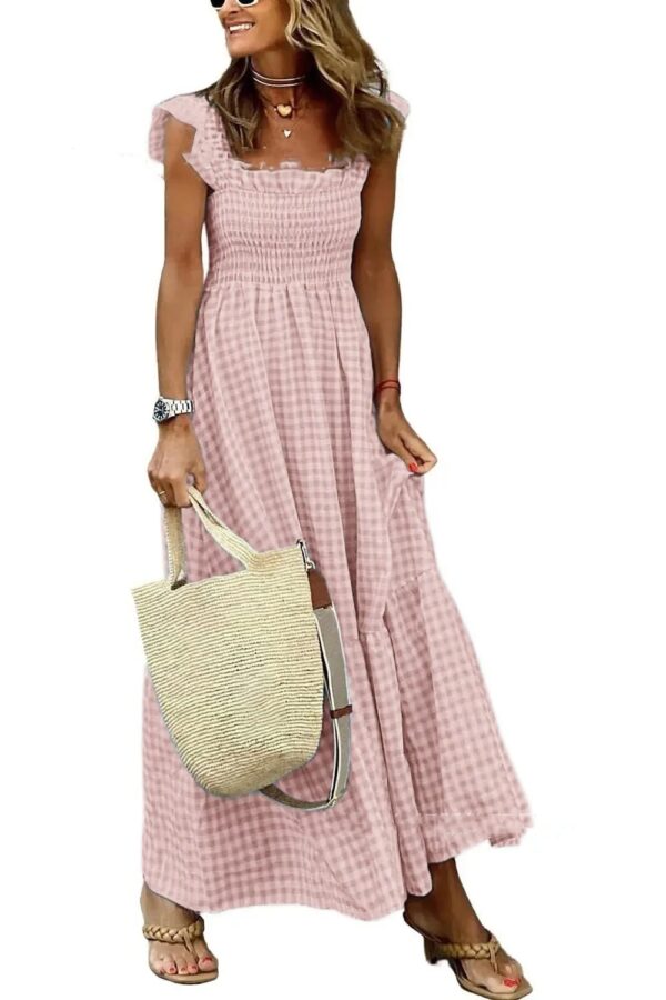 Summer Plaid Print Pleated Ruffle Dress INS Fashion Sleeveless A-line Swing Beach Dress Women's Clothing – Image 7