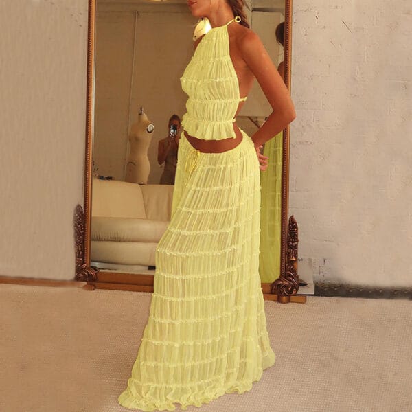 2pcs Women's Dress Suit Sexy Sleeveless Backless Cropped Halter Top And Pleated Long Skirt Beach Clothing – Image 8