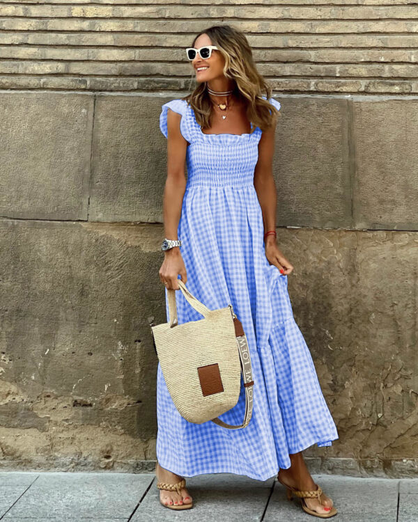 Summer Plaid Print Pleated Ruffle Dress INS Fashion Sleeveless A-line Swing Beach Dress Women's Clothing – Image 3