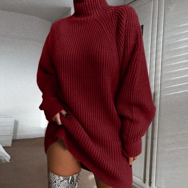 Solid Turtleneck Long Sweater Winter Warm Women Sweater Dress – Image 7