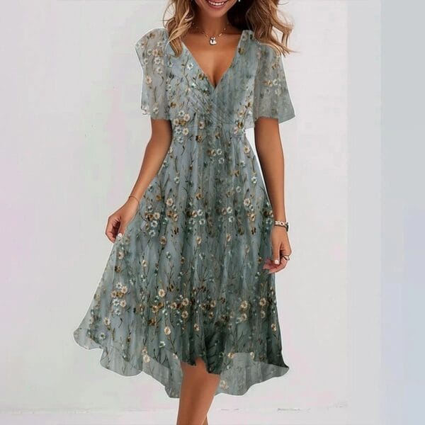 Chiffon Printed Short Sleeve Dress Summer Elegant V-neck Dresses Womens Clothing – Image 7