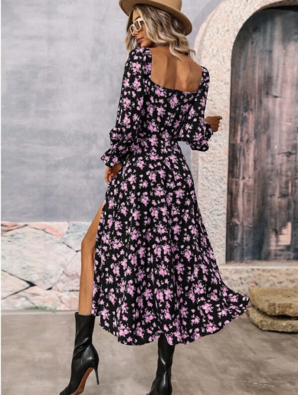 Flowers Printing Long Sleeve Dress Fashion Square-neck Bottom Slit Dresses Womens  Clothing – Image 5
