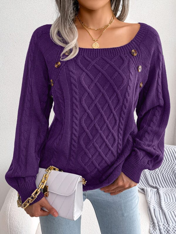 Square Neck Knitted Sweater With Button Design Winter Warm Long Sleeve Tops Women's Clothing – Image 7