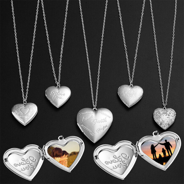Carved Design Love Necklace Personalized Heart-shaped Photo Frame Pendant Necklace For Women Family Jewelry For Valentine's Day – Image 2