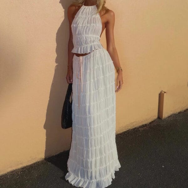 2pcs Women's Dress Suit Sexy Sleeveless Backless Cropped Halter Top And Pleated Long Skirt Beach Clothing – Image 7