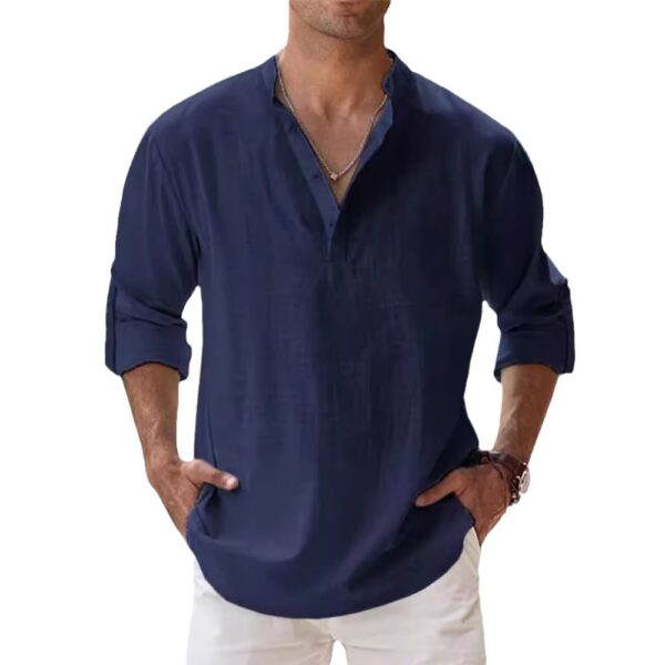 Men's Linen Stand-up Collar Long Sleeve T-shirt Loose Undershirt – Image 5