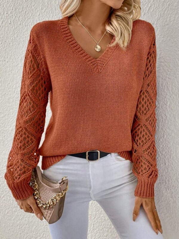 Solid V-neck Pullover Sweater With Hollow Long Sleeve Fashion Tops For Women Clothing – Image 7