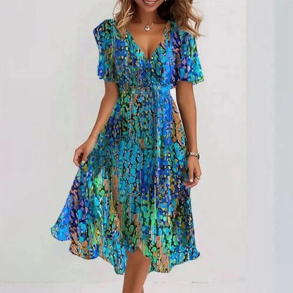 Chiffon Printed Short Sleeve Dress Summer Elegant V-neck Dresses Womens Clothing – Image 4