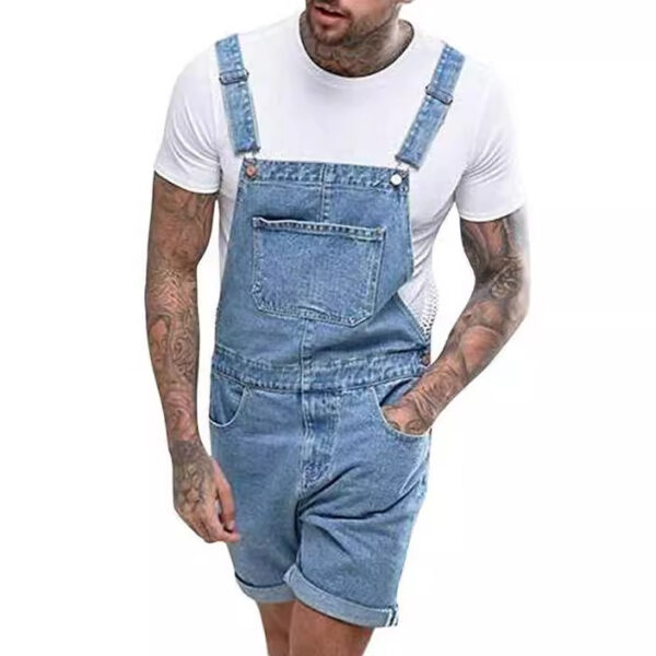 Retro Men's Denim With Hole Shorts One-piece Working Bib Top Pants – Image 4