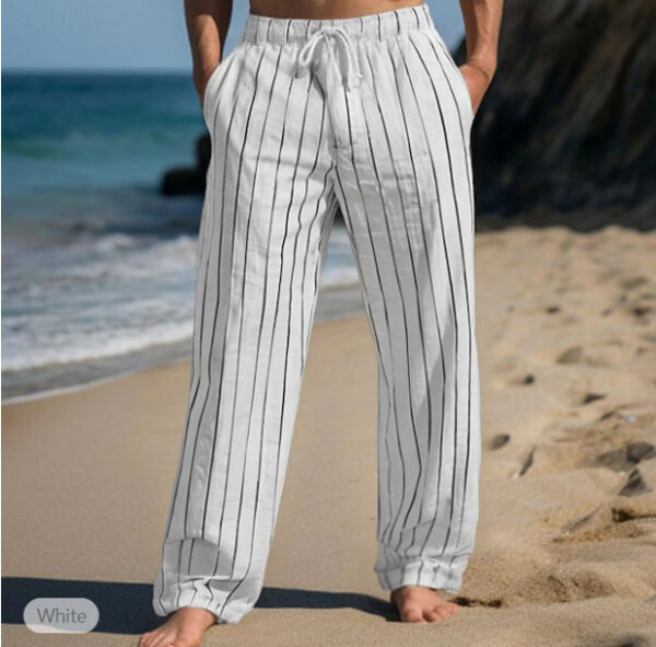 Men's Linen Drawstring Elastic Waist Straight Striped Comfortable Breathable Casual Pants – Image 3