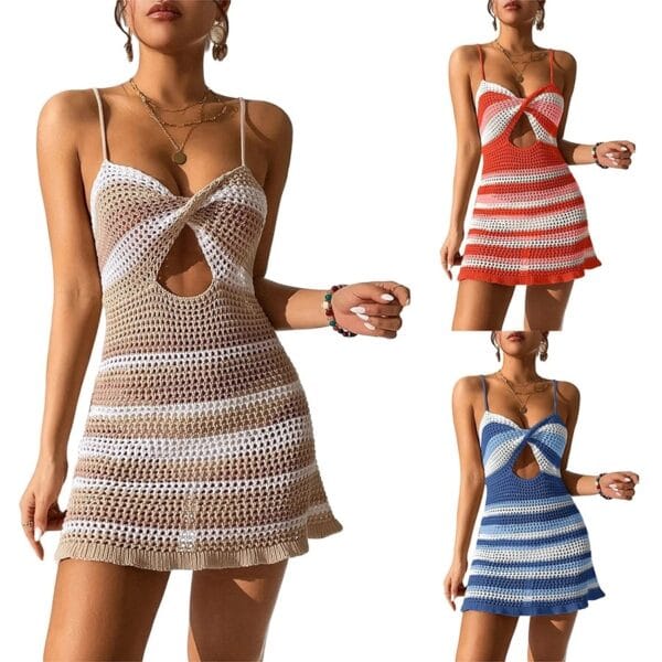 Women Knitted Spaghetti Strap Dress Summer Stripes Twisted Crochet Cutout Party Mini Dress For Beach Cocktail Nightclub – Image 9