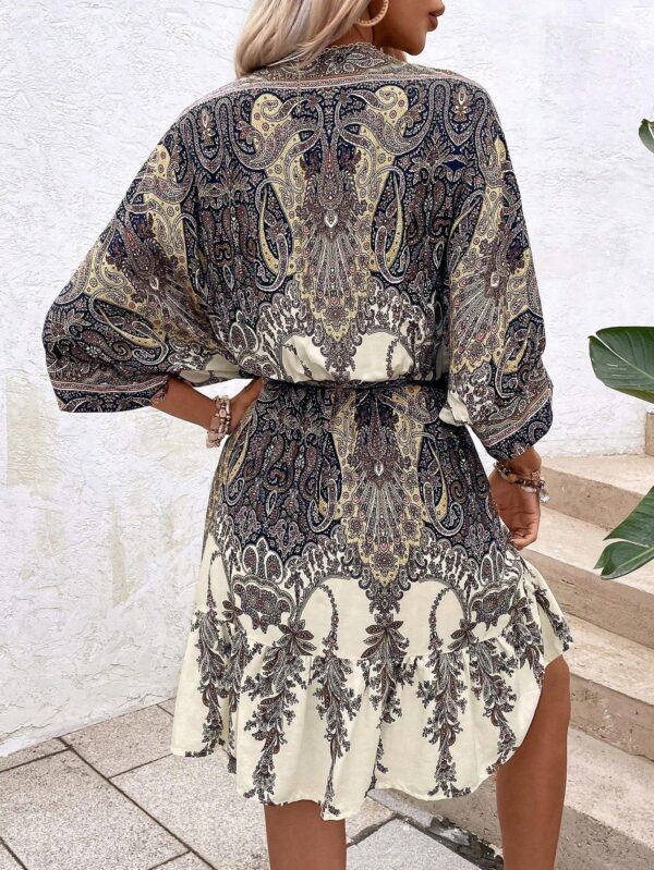 Paisley Print Batwing Sleeve Tassel Tie Front Ruffle Hem Dress – Image 5