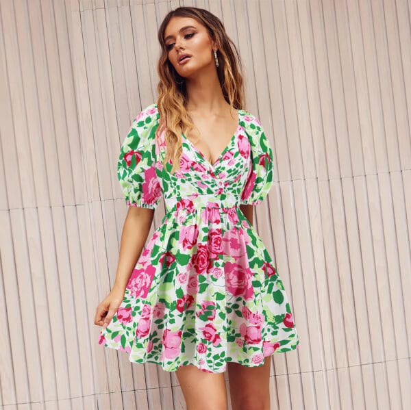 Flowers Print V-Neck Lantern-sleeve Dress Y2K Summer Vacation Beach Short Dresses Fashion Womens Clothing – Image 6