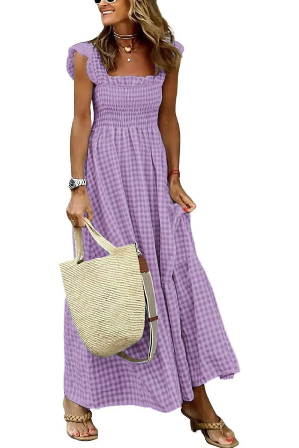 Summer Plaid Print Pleated Ruffle Dress INS Fashion Sleeveless A-line Swing Beach Dress Women's Clothing – Image 6