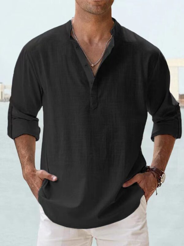 Men's Linen Stand-up Collar Long Sleeve T-shirt Loose Undershirt – Image 6