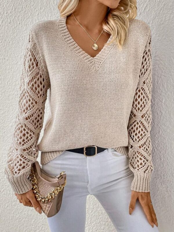 Solid V-neck Pullover Sweater With Hollow Long Sleeve Fashion Tops For Women Clothing – Image 10
