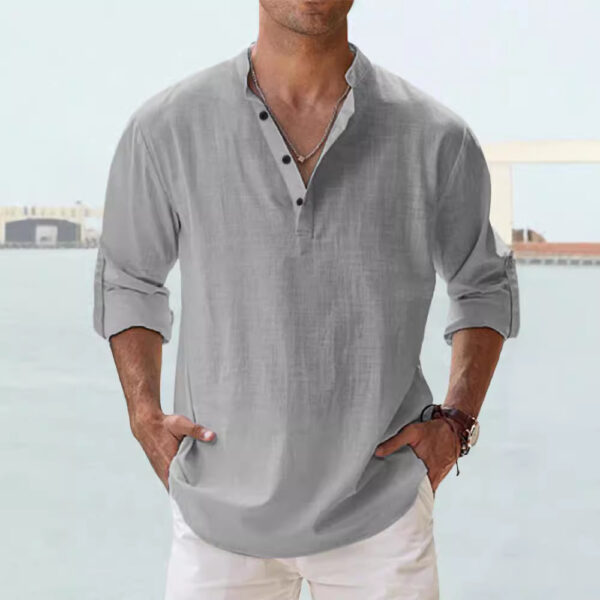Men's Linen Stand-up Collar Long Sleeve T-shirt Loose Undershirt – Image 3