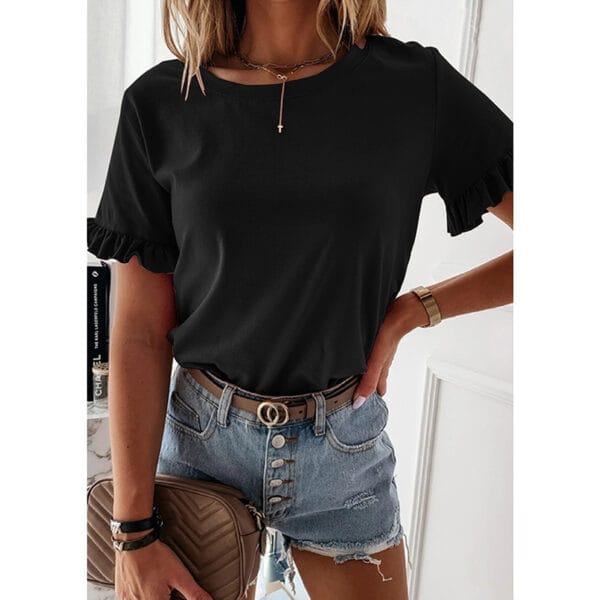 Solid Color Ruffled Round Neck Short Sleeves – Image 2