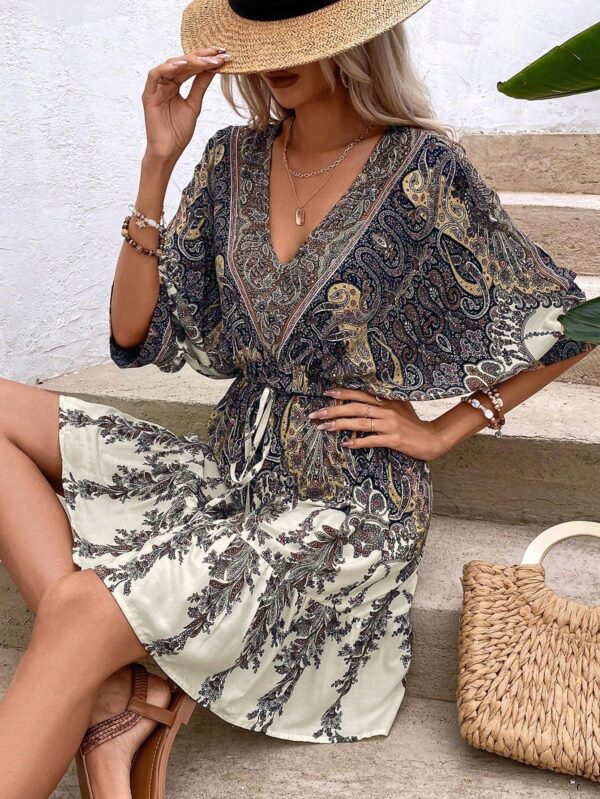 Paisley Print Batwing Sleeve Tassel Tie Front Ruffle Hem Dress – Image 4