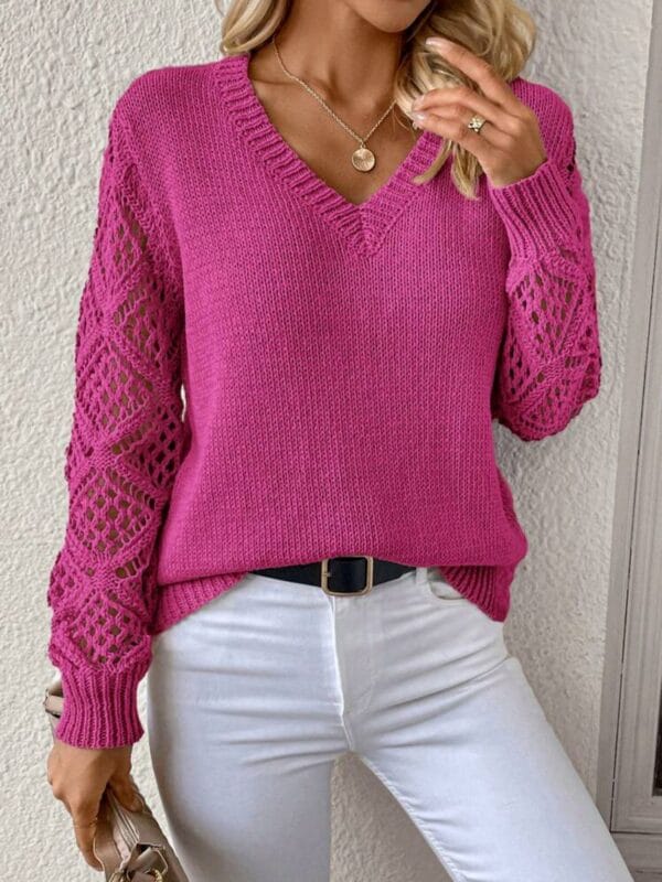 Solid V-neck Pullover Sweater With Hollow Long Sleeve Fashion Tops For Women Clothing – Image 5