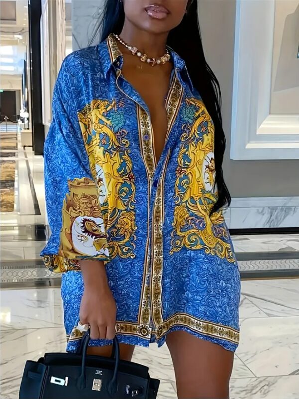 Allover Print Lapel Front Button Casual Vacation Dress – Image 6