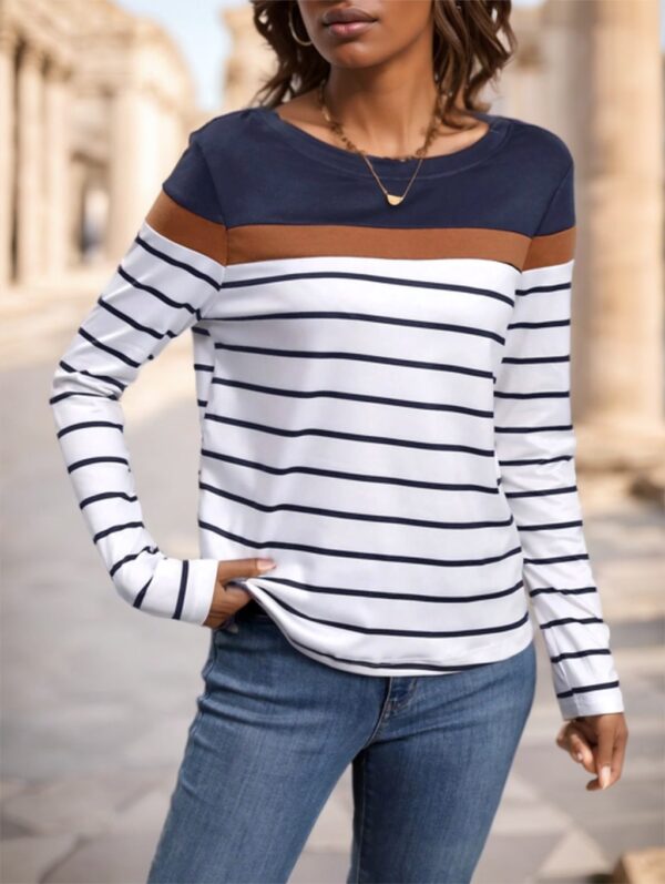 Women's Round Neck Striped Long Sleeve T-Shirt – Image 3