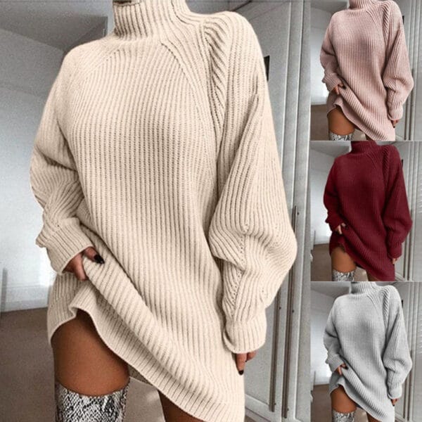Solid Turtleneck Long Sweater Winter Warm Women Sweater Dress – Image 2
