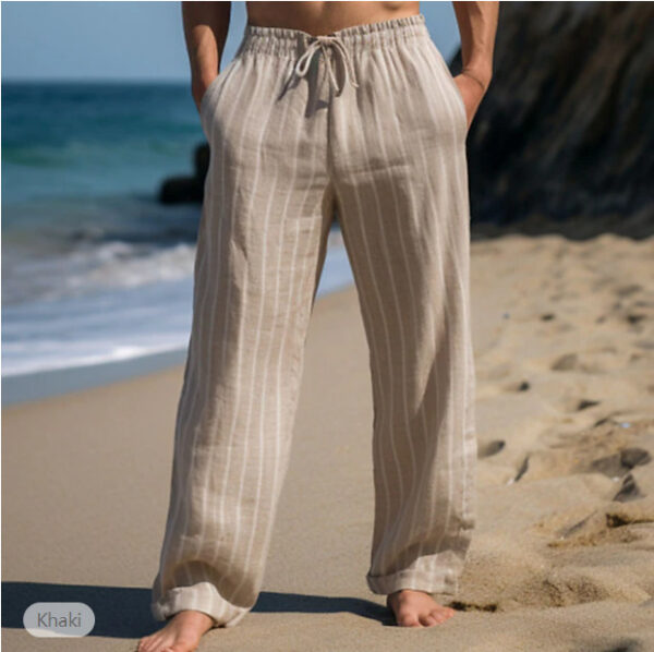 Men's Linen Drawstring Elastic Waist Straight Striped Comfortable Breathable Casual Pants – Image 2