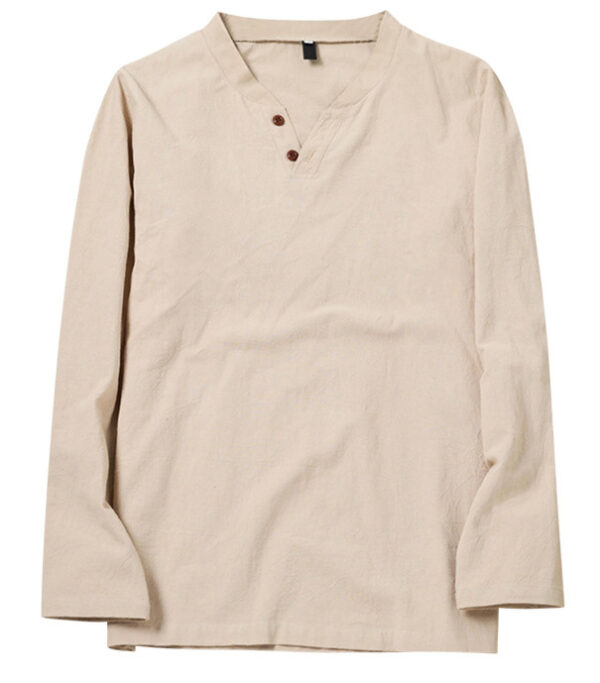 Cotton Linen Men's Long Sleeve V-neck Casual Beach Linen Shirt Fashion Leisure Men's Clothing Casual And Breathable Shirt – Image 3
