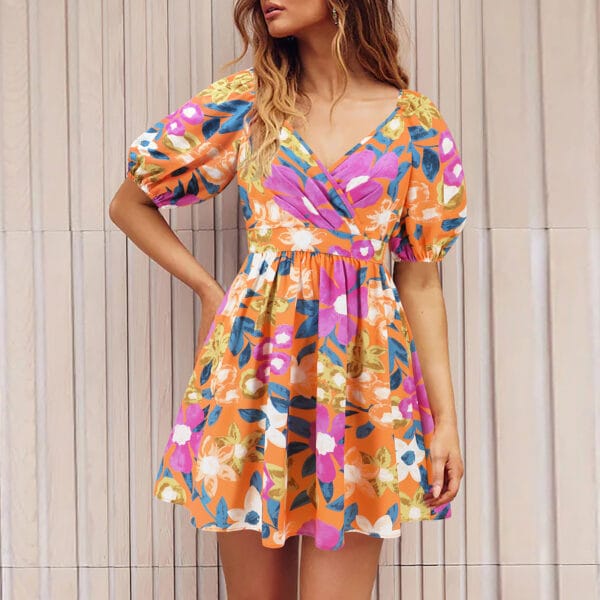 Flowers Print V-Neck Lantern-sleeve Dress Y2K Summer Vacation Beach Short Dresses Fashion Womens Clothing – Image 7