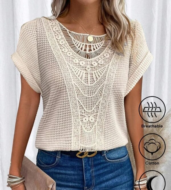 Summer Hollow Out Short-sleeved T-shirt Fashion Ethnic Style Tops Women's Clothing – Image 2