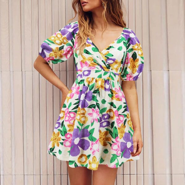 Flowers Print V-Neck Lantern-sleeve Dress Y2K Summer Vacation Beach Short Dresses Fashion Womens Clothing – Image 10