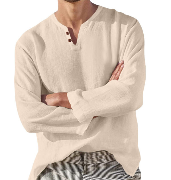 Cotton Linen Men's Long Sleeve V-neck Casual Beach Linen Shirt Fashion Leisure Men's Clothing Casual And Breathable Shirt – Image 2