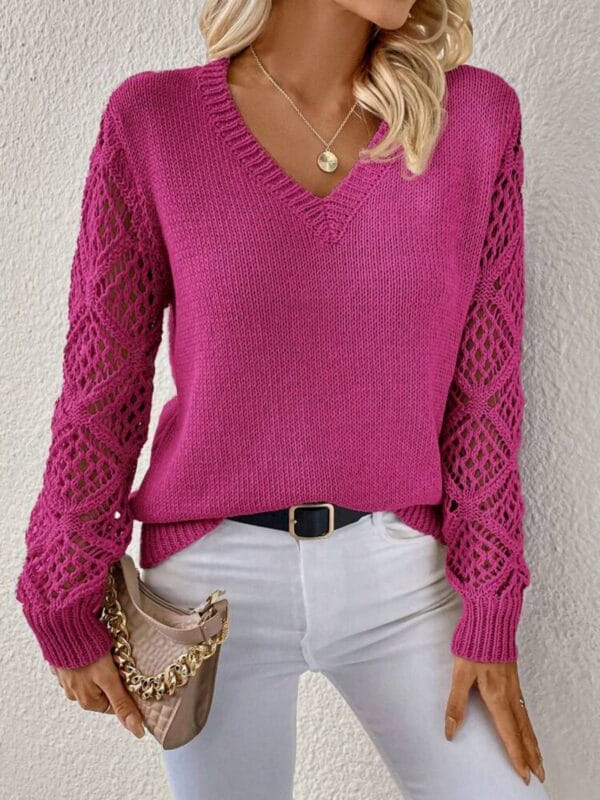 Solid V-neck Pullover Sweater With Hollow Long Sleeve Fashion Tops For Women Clothing – Image 6