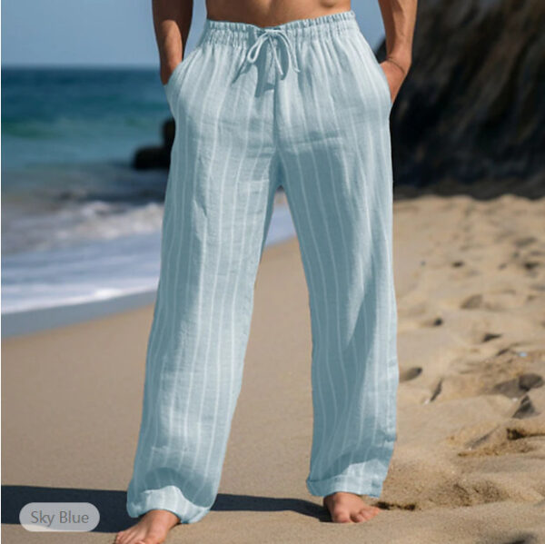 Men's Linen Drawstring Elastic Waist Straight Striped Comfortable Breathable Casual Pants – Image 7