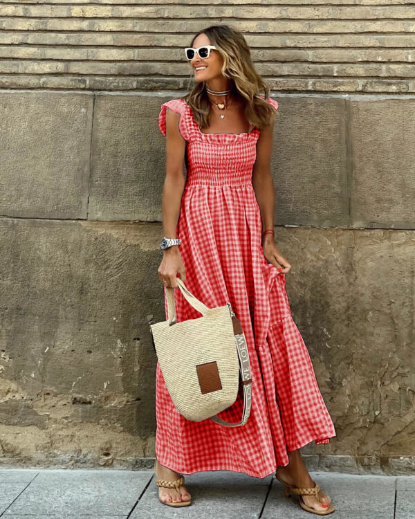 Summer Plaid Print Pleated Ruffle Dress INS Fashion Sleeveless A-line Swing Beach Dress Women's Clothing – Image 5