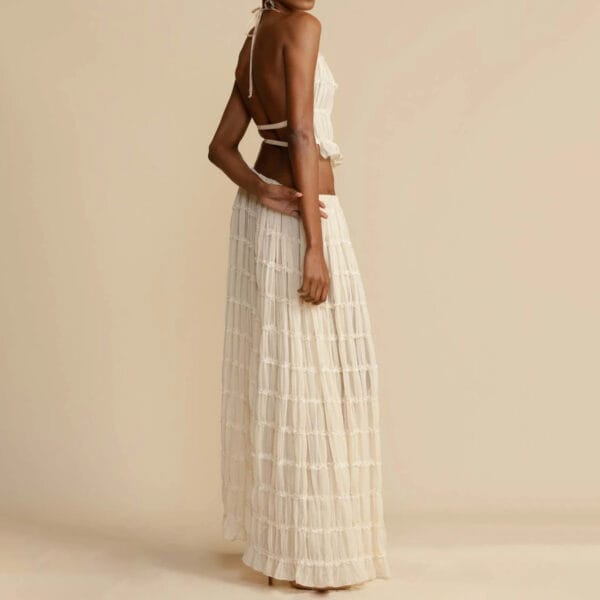 2pcs Women's Dress Suit Sexy Sleeveless Backless Cropped Halter Top And Pleated Long Skirt Beach Clothing – Image 3