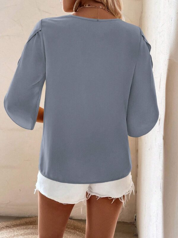 Solid Asymmetrical Neck Petal Sleeve Blouse – Image 4